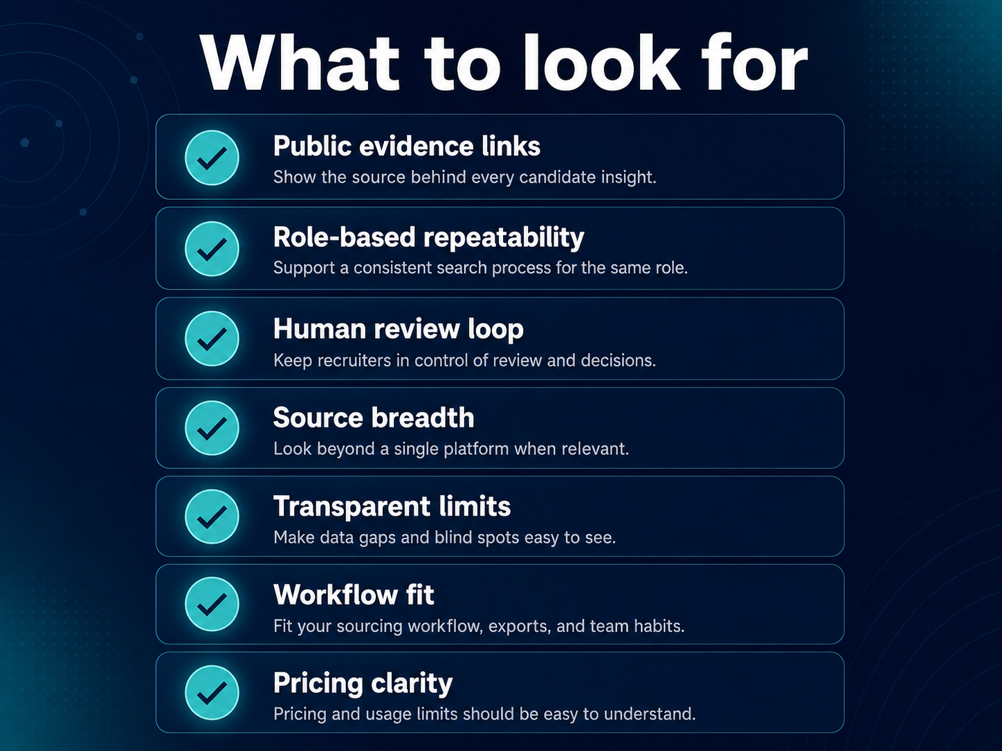 Infographic: how recruiters evaluate GitHub sourcing tools - evidence quality, review workflow, sources, and fit