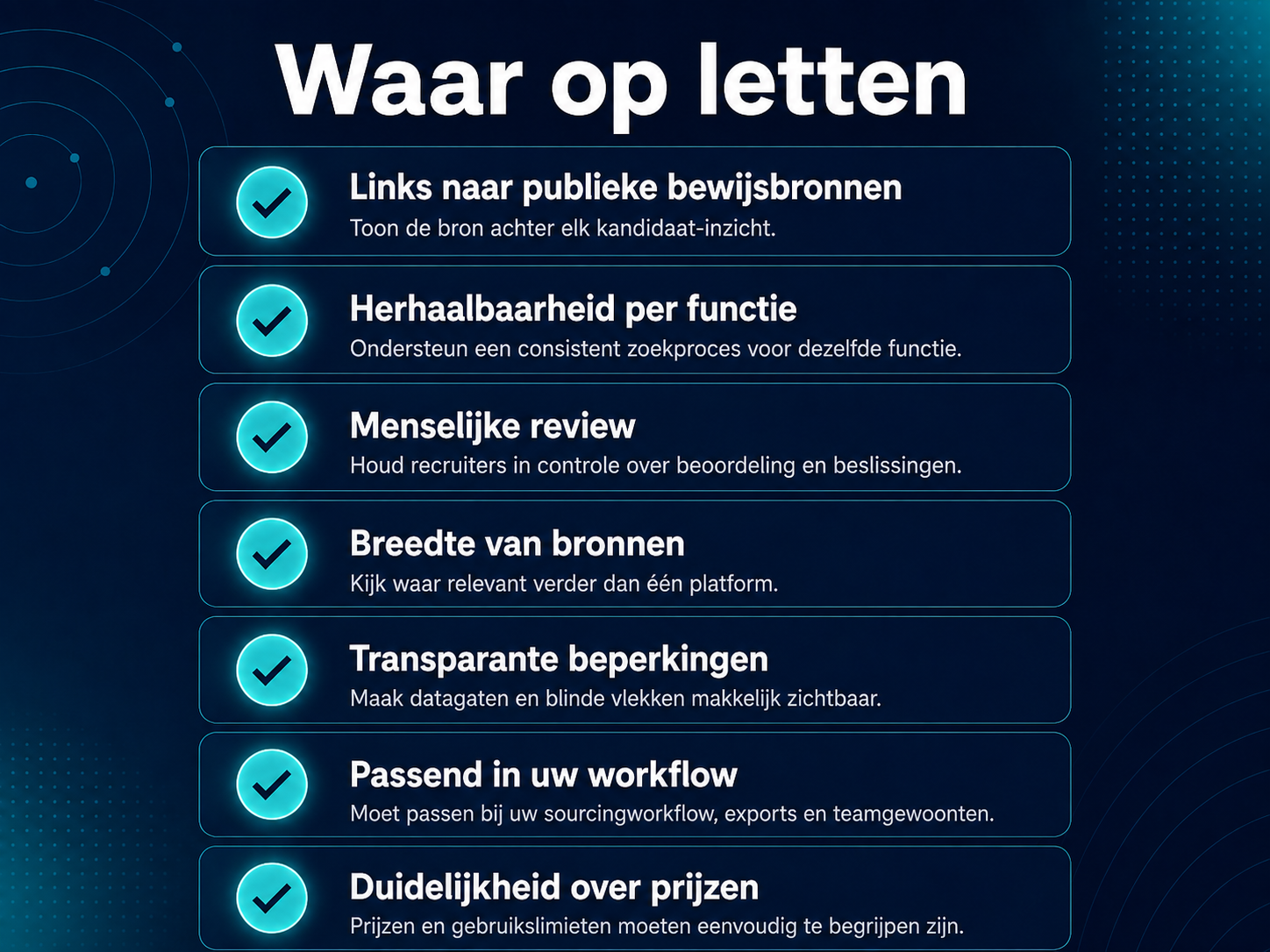 Infographic: hoe recruiters GitHub-sourcingtools evalueren - bewijskwaliteit, reviewworkflow, bronnen en fit