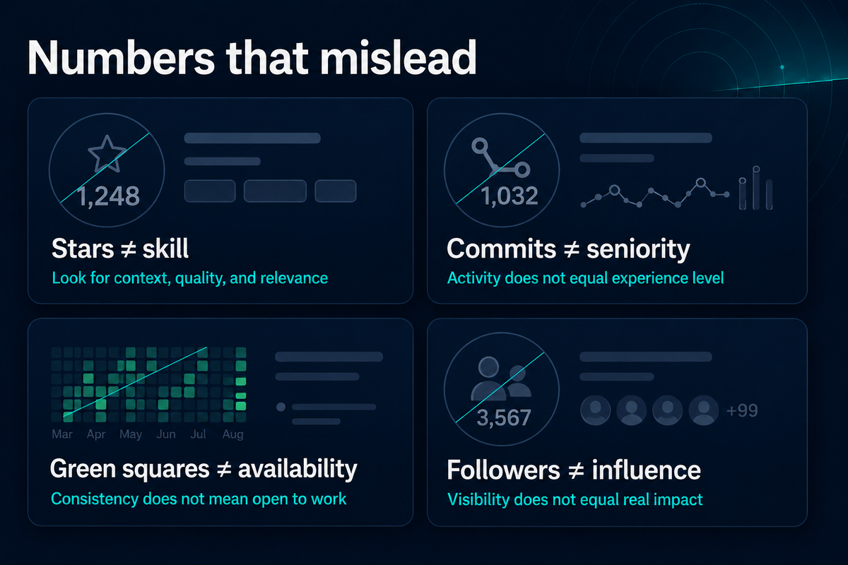 Infographic: GitHub numbers that mislead recruiters - stars, commits, contribution graph squares, and followers