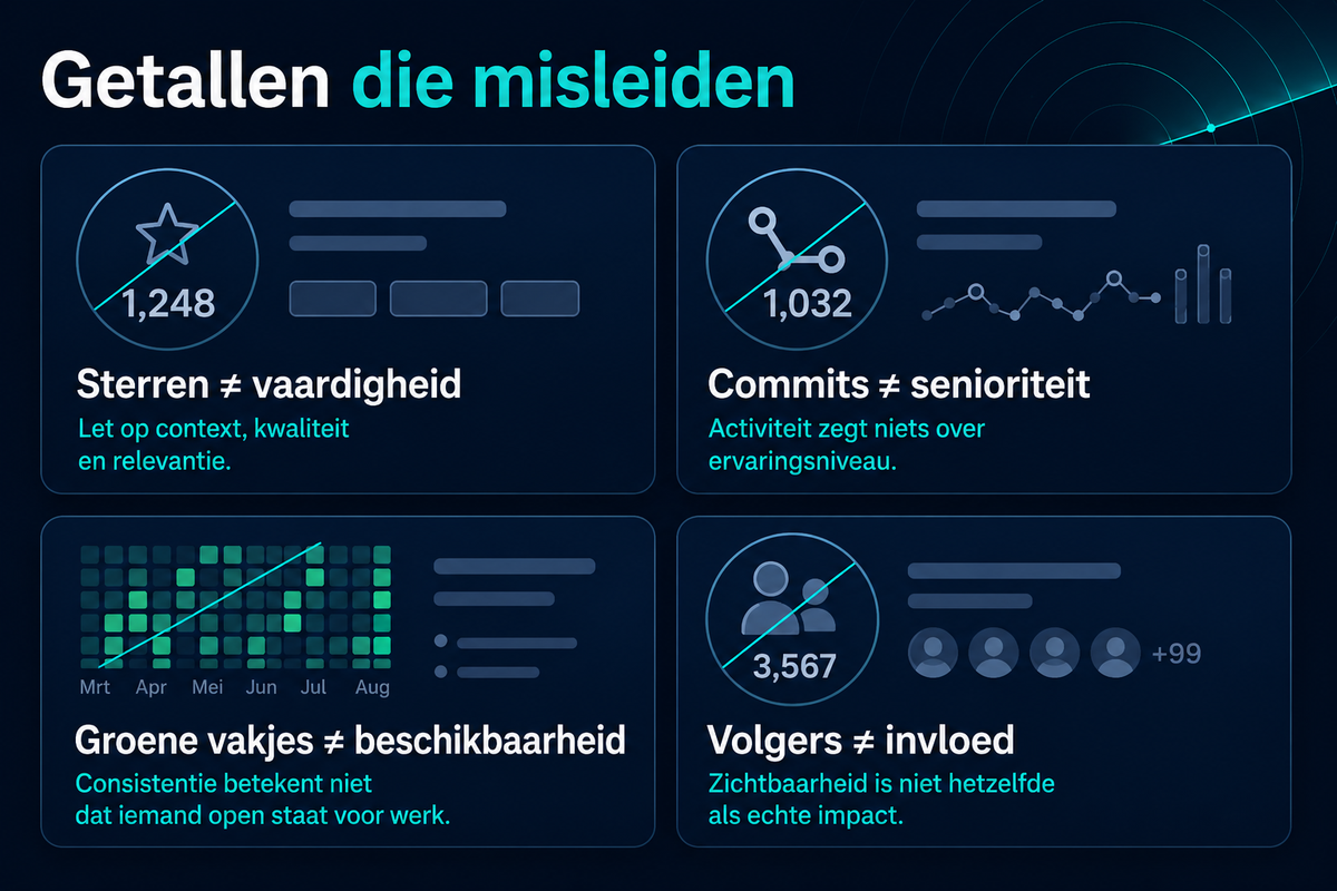 Infographic: GitHub-getallen die recruiters misleiden - sterren, commits, bijdragegrafiek en volgers