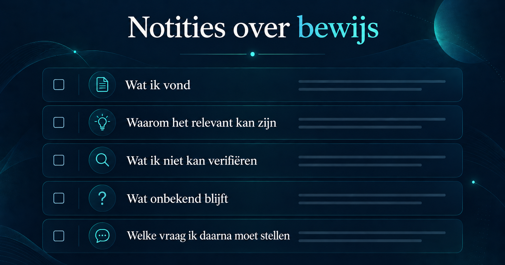 Recruiter-checklist voor bewijsnotities met vijf interpretatievragen