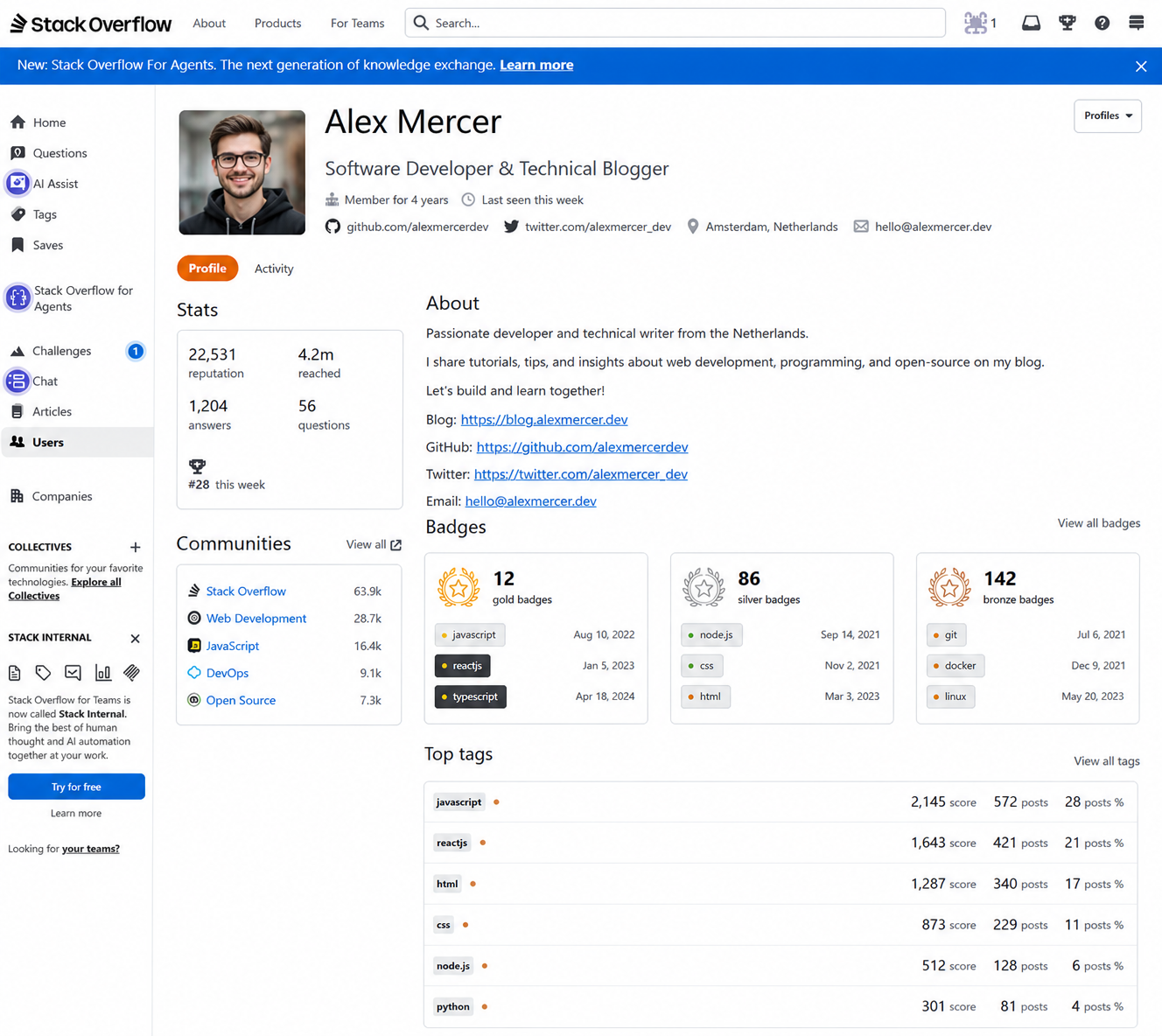 Stack Overflow profile for Alex Mercer showing reputation, top tags, gold badges, answer count, and GitHub link in the bio