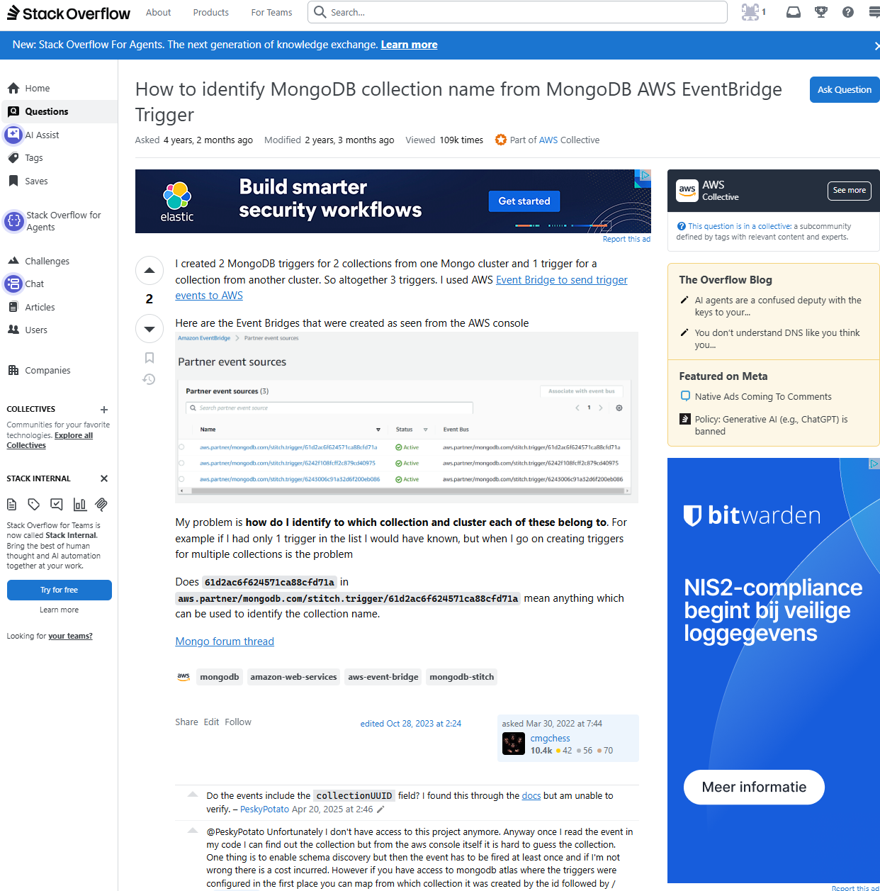 Stack Overflow question on mapping MongoDB EventBridge triggers to collection names, with an AWS console screenshot and mongodb and aws-event-bridge tags