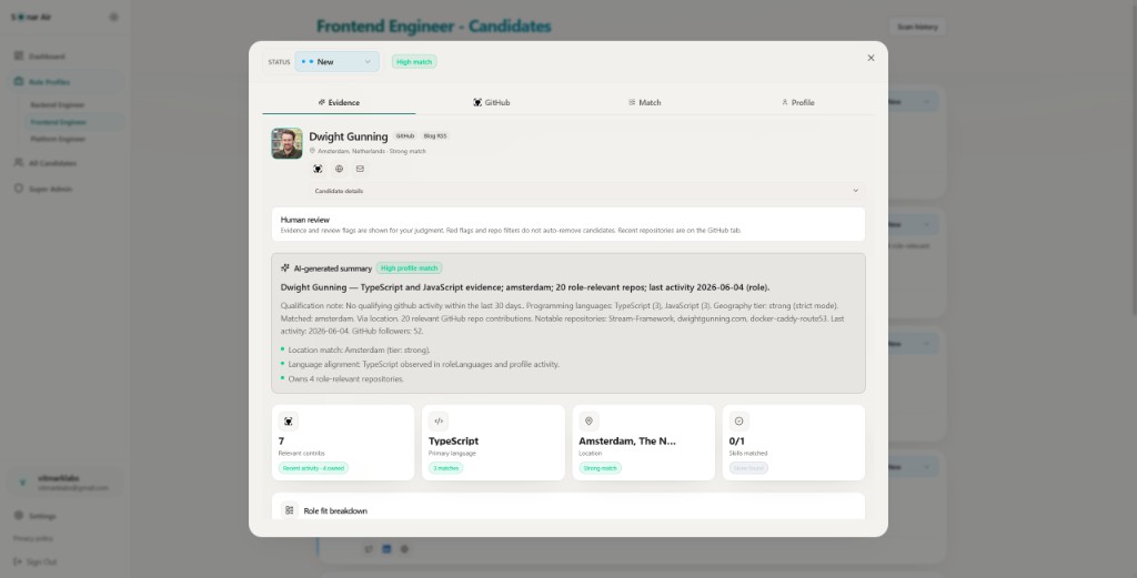 Sonar Air candidate evidence view with AI-generated match summary and public proof