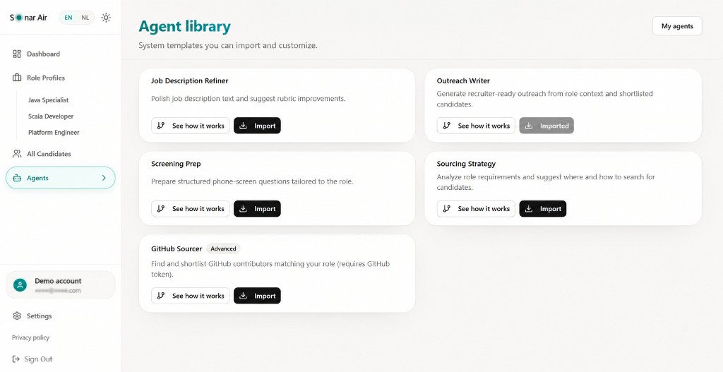 Sonar Air agent library with importable recruiting workflow templates